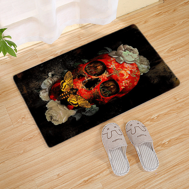 Halloween Flannel Floor Mat Non-Slip Bathroom Door Rug Skull Design