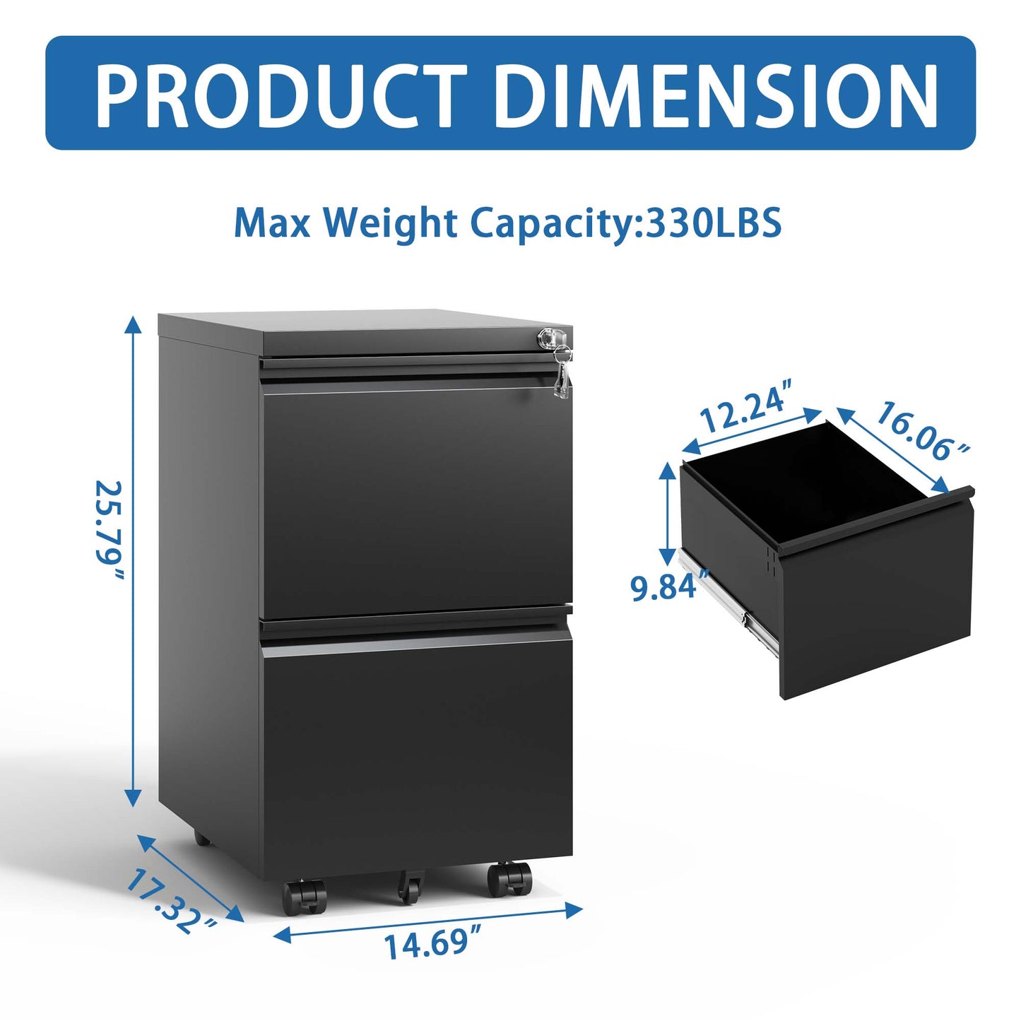 2 Drawer Mobile File Cabinet with Lock - Black Metal Office Storage