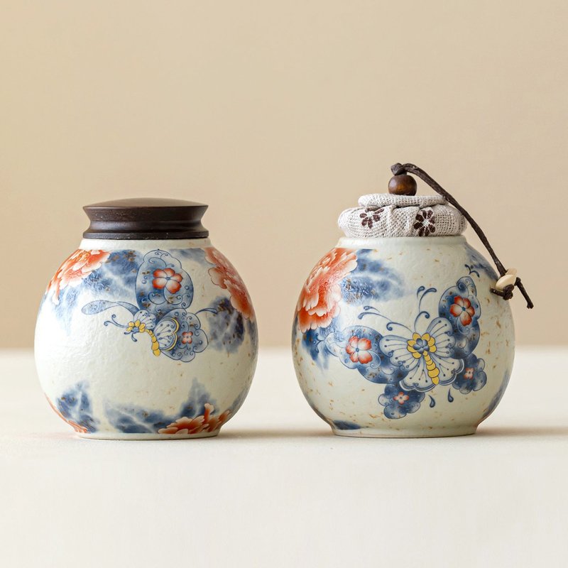 Antique-Style Small Ceramic Tea Canister with Peacock and Peony Design - Airtight Food Storage Jar