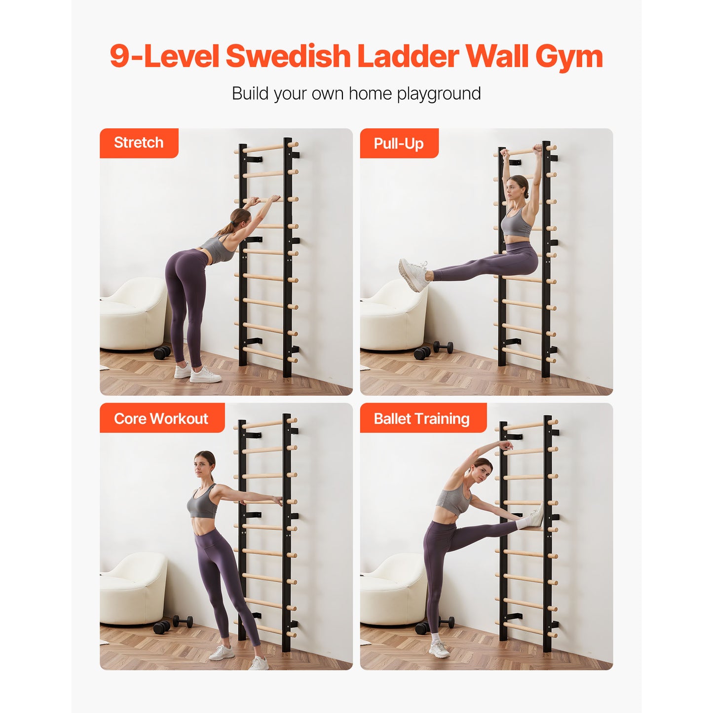 Swedish Wall Bars for Gymnastics & Home Fitness - 9-Level Suspension Trainer, Solid Wood & Steel, Supports 330LBS