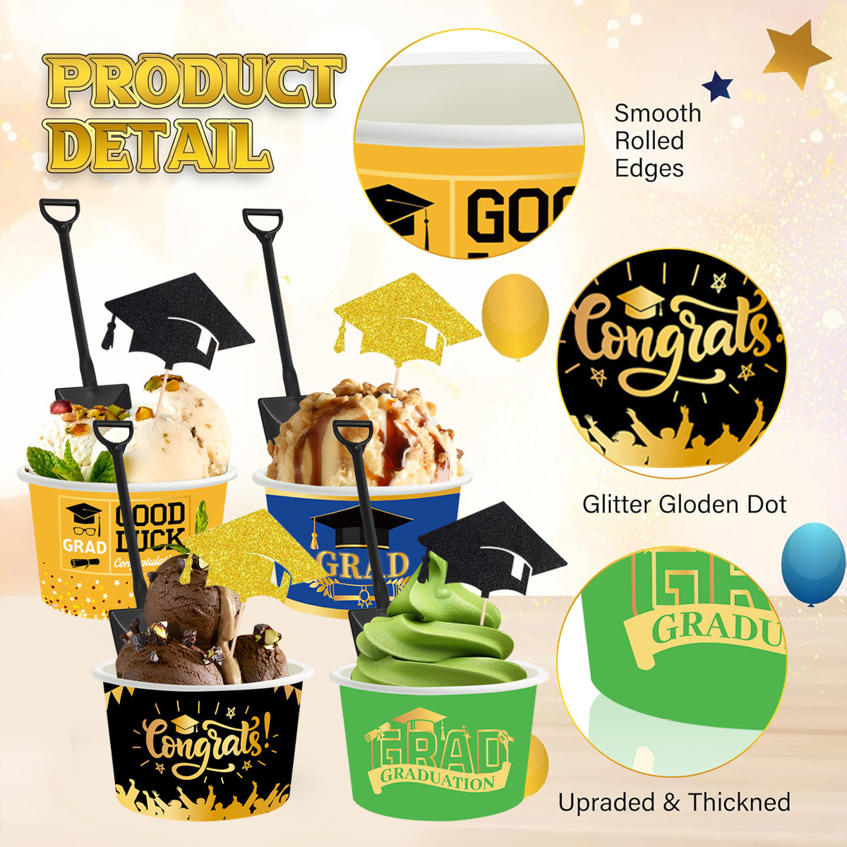 Graduation Ice Cream Cups Set - 24 Disposable Bowls with Spoons & Picks