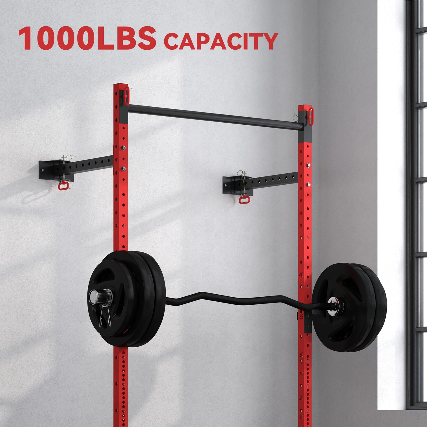 Adjustable Folding Squat Rack with Pull Up Bar - Red