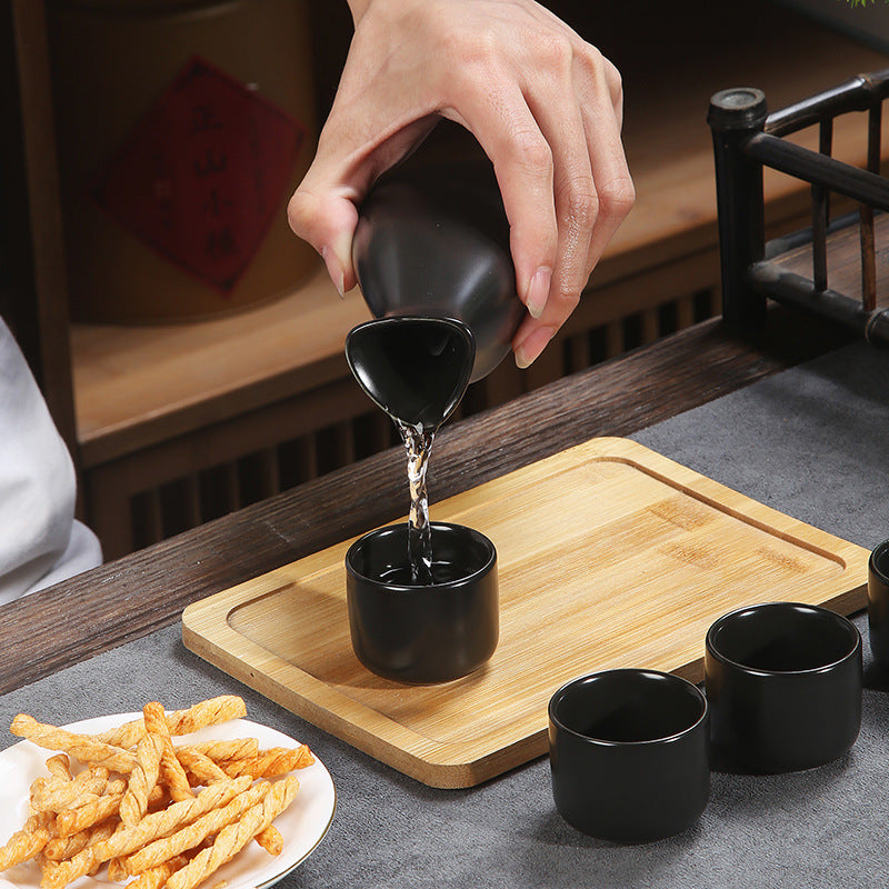 Elegant Wine Pot Set with Four Glasses - Matte Black Porcelain Home Barware