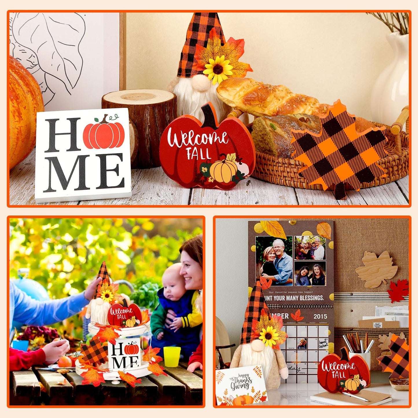 Fall Gnome Tiered Tray Decorations Set with LED Maple Leaf Lights