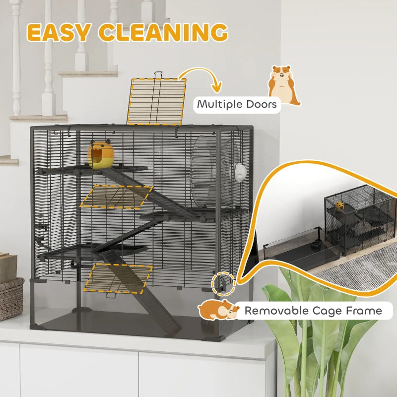 Multi-Level Hamster Cage with Tempered Glass Bottom, Running Wheel & Hut