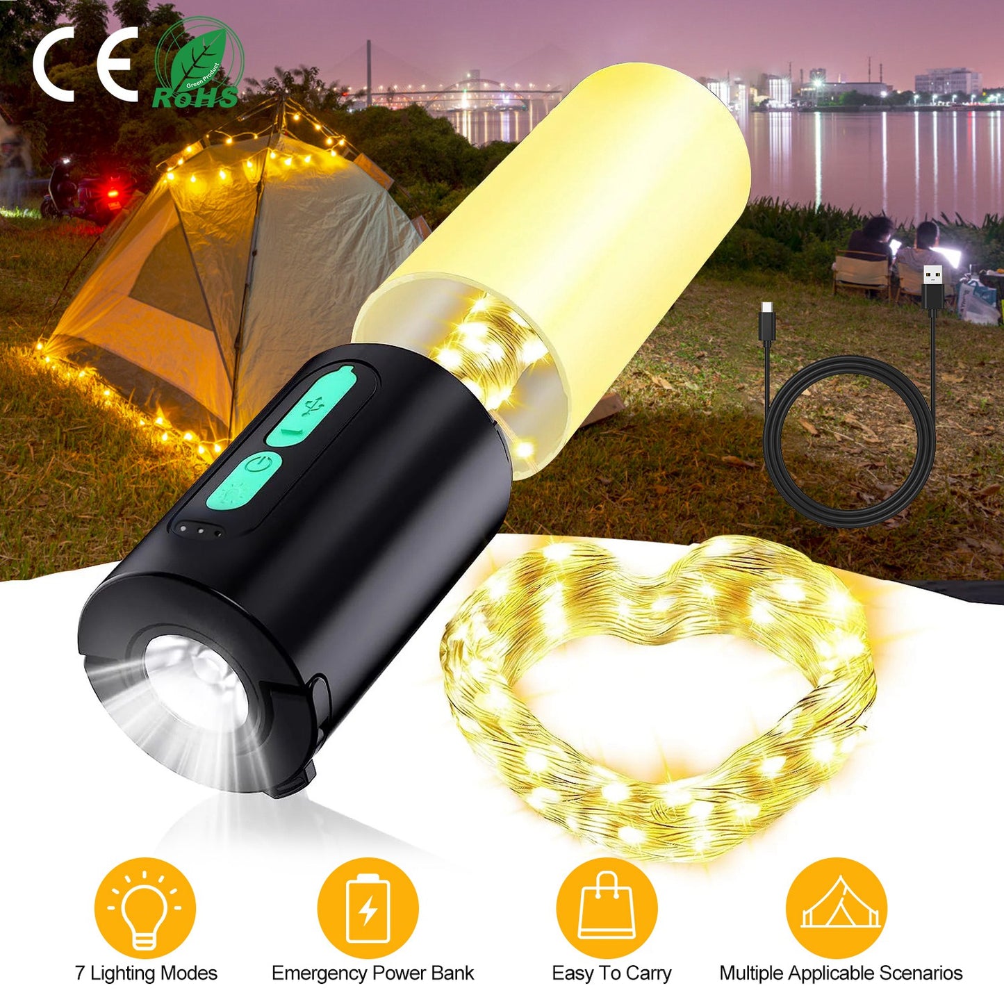 4-in-1 Rechargeable Camping Lantern with 33ft String Light - Black