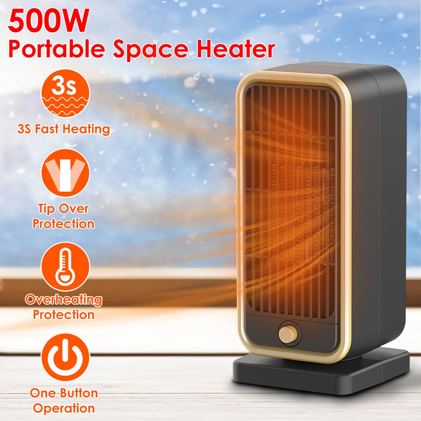 Portable Electric Space Heater 500W with Overheat & Tip-Over Safety - Fast Heating for Home & Office