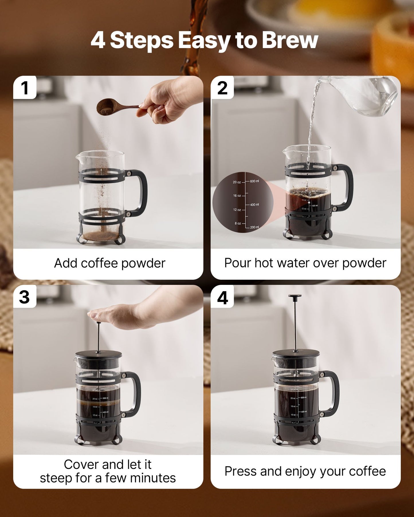 French Press Coffee Maker 34 Oz Borosilicate Glass Stainless Steel Filter - Silver