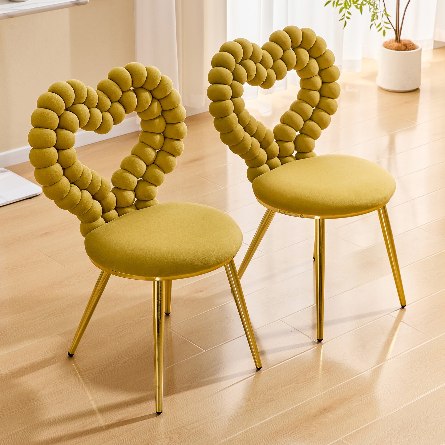 Set of 2 Heart Bubble Tufted Accent Chairs - Yellow Velvet
