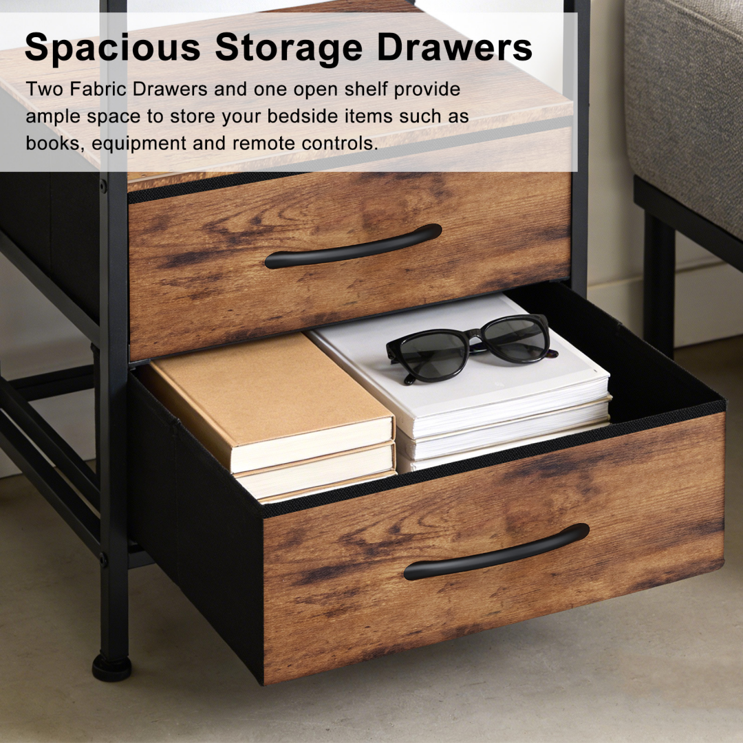 Compact Bedside Table with Charging Station & Fabric Drawers - Brown