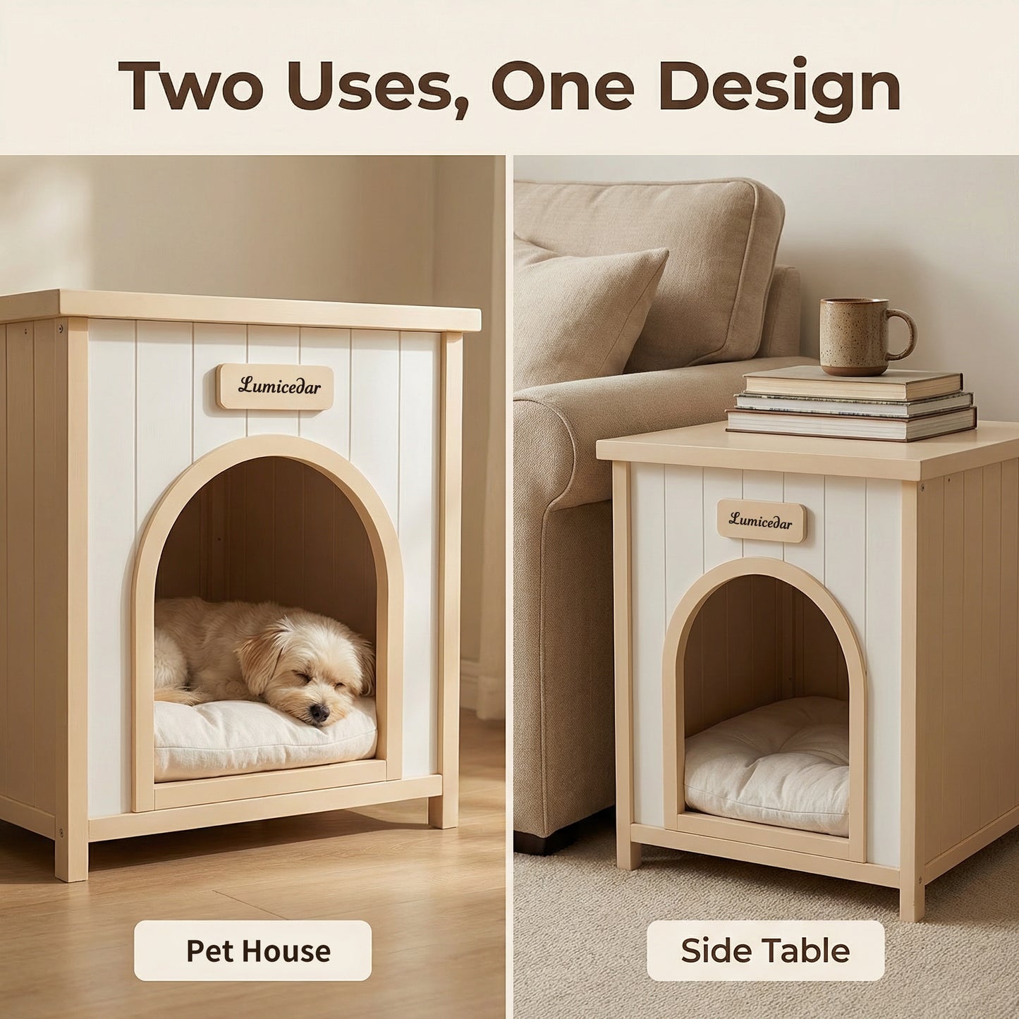 Indoor Wooden Dog House with Removable Cushion - Small Pet Shelter, Scandinavian Design