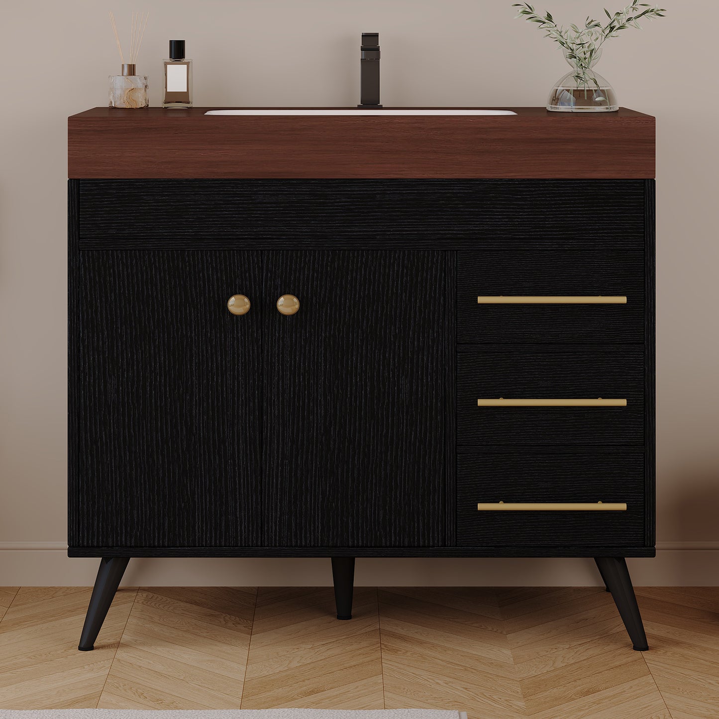36" Freestanding Bathroom Vanity with Ceramic Sink & Faux Marble Top - Black Walnut