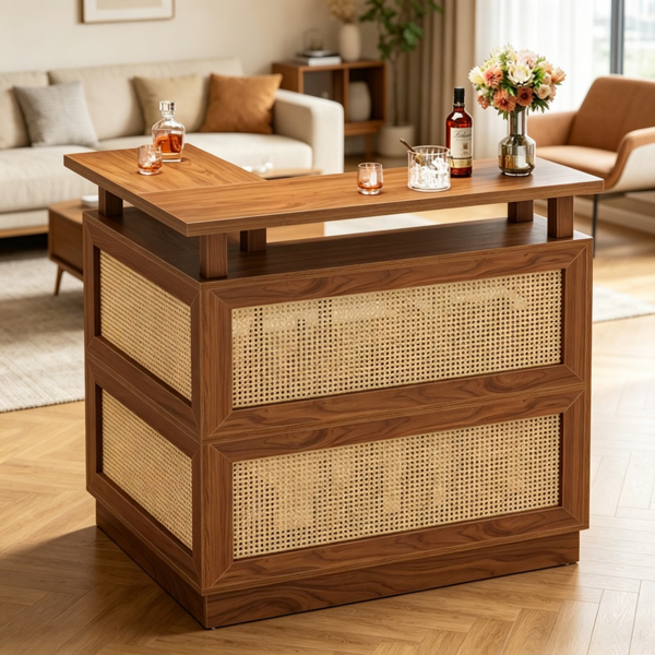 L-Shaped Rattan Bar Table with Storage - Vintage Brown