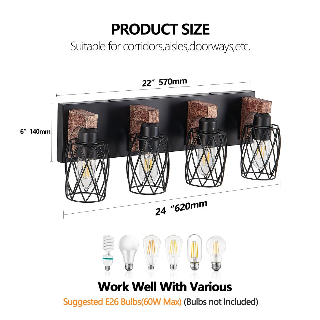 Industrial Vintage 4-Light Wall Sconce - Black Cage & Wood Accents