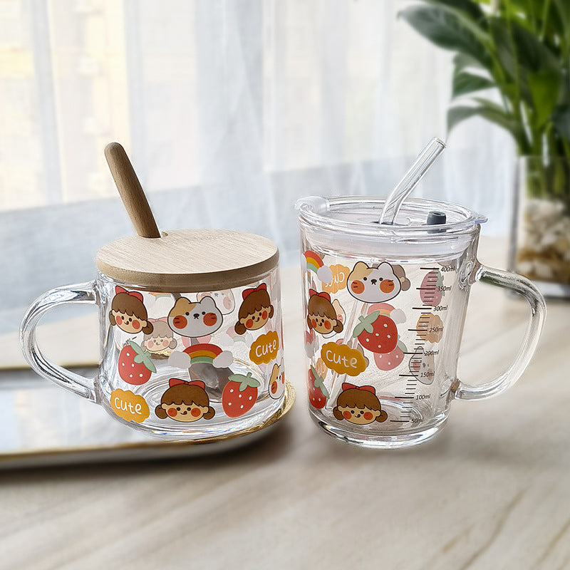 Minimalist Cartoon Glass Water Cup with Straw - Heat-Resistant, 400ML