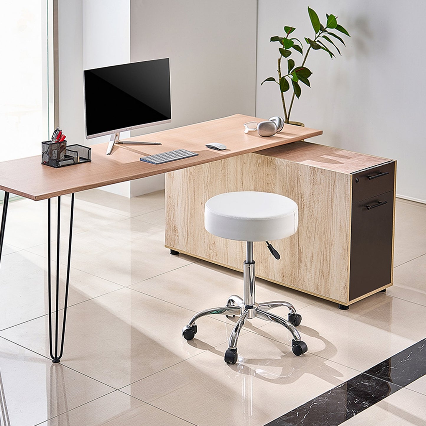 Height Adjustable Rolling Stool with Wheels - 450 lbs Capacity, White