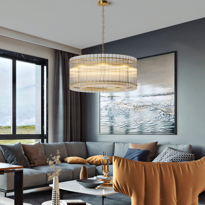 Modern 37-Inch Gold Round Chandelier - 2-Tier Crystal Lighting