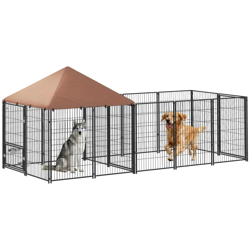 Large Outdoor Dog Kennel with Rotating Adjustable Feed Bowls Waterproof Canopy
