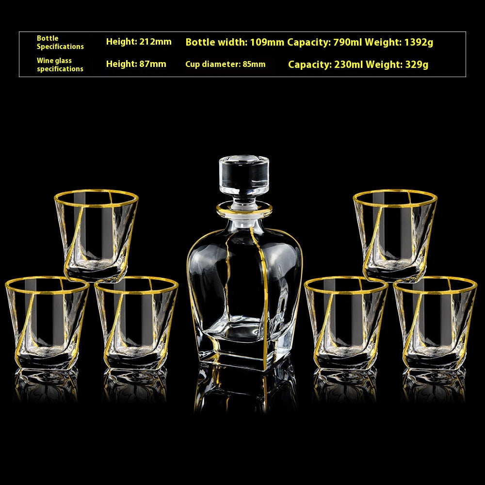 Crystal Glass Whiskey and Wine Set - Creative Gold Finish, 7-Piece Home Barware