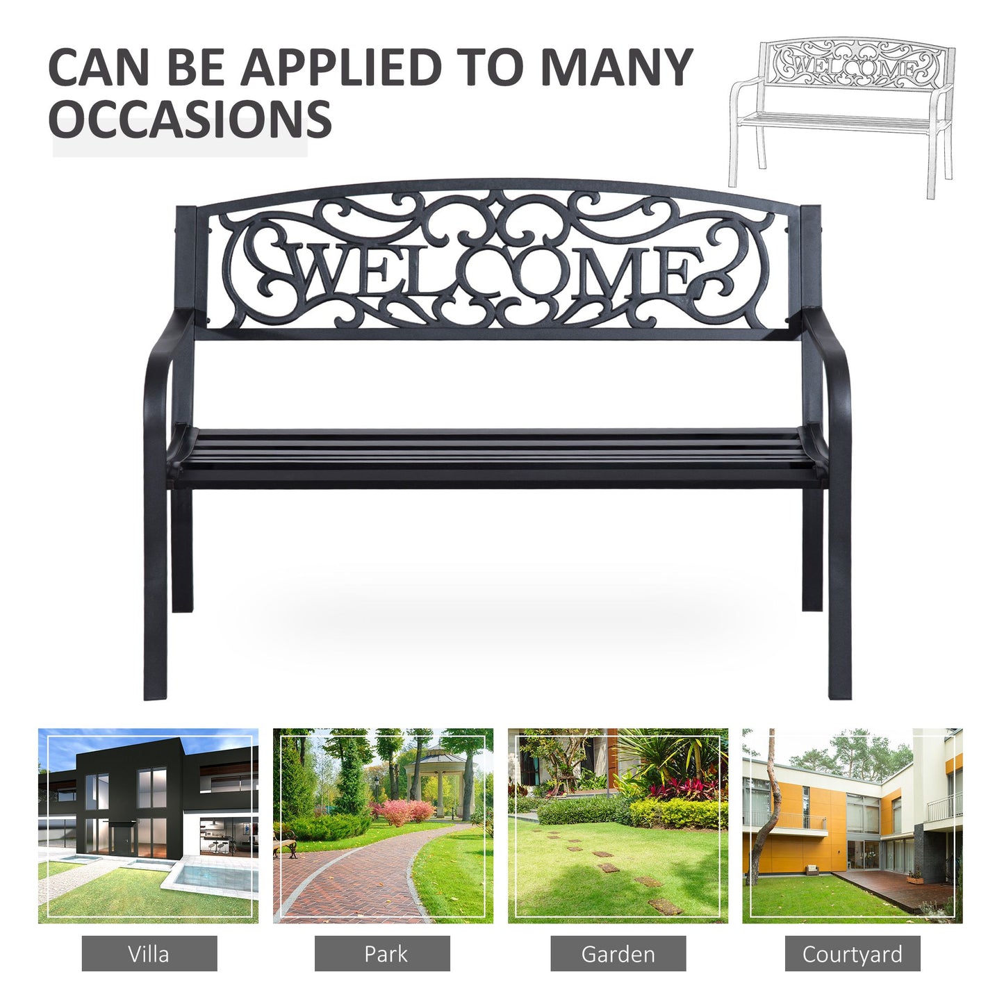 50" Outdoor Garden Bench Loveseat with Decorative Vines - Black