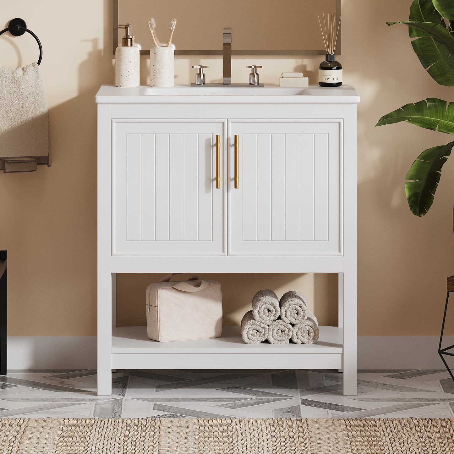 30-Inch White Bathroom Vanity with Ceramic Sink and Storage