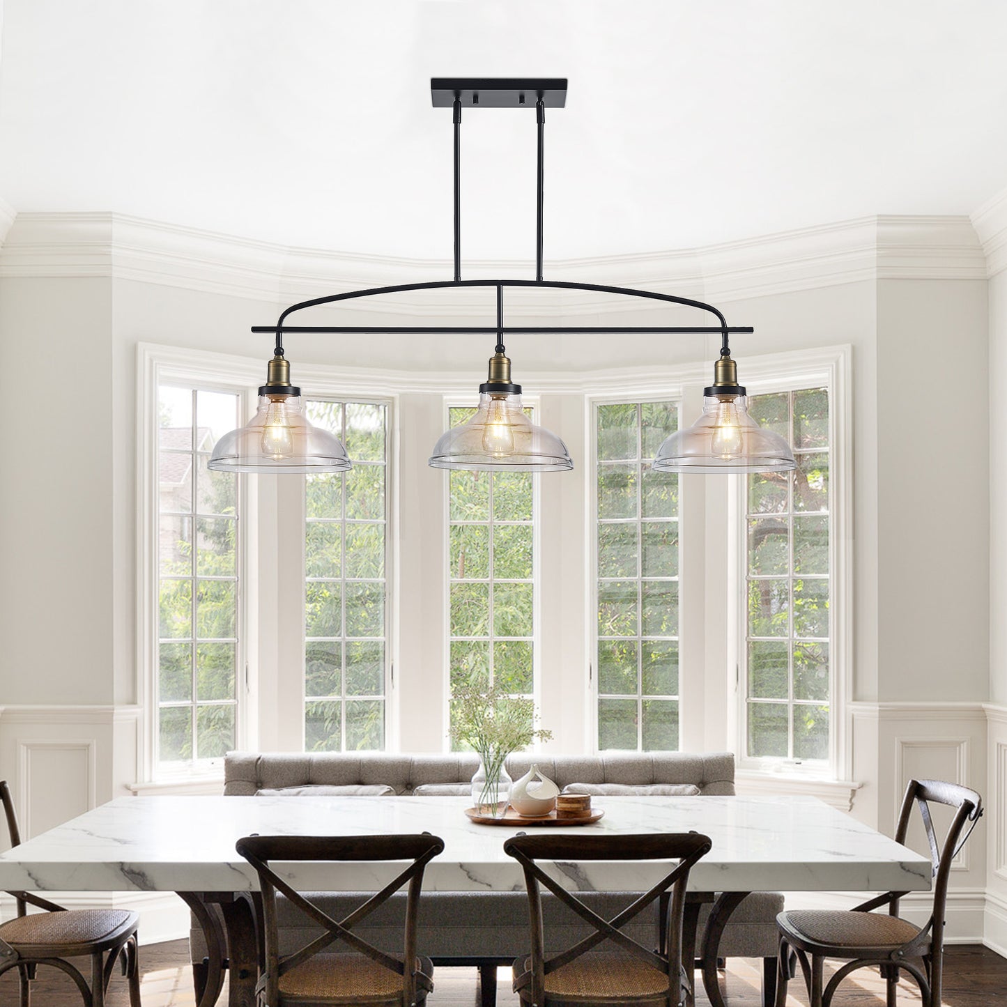 Industrial 3-Light Pendant Chandelier with Clear Glass Shades