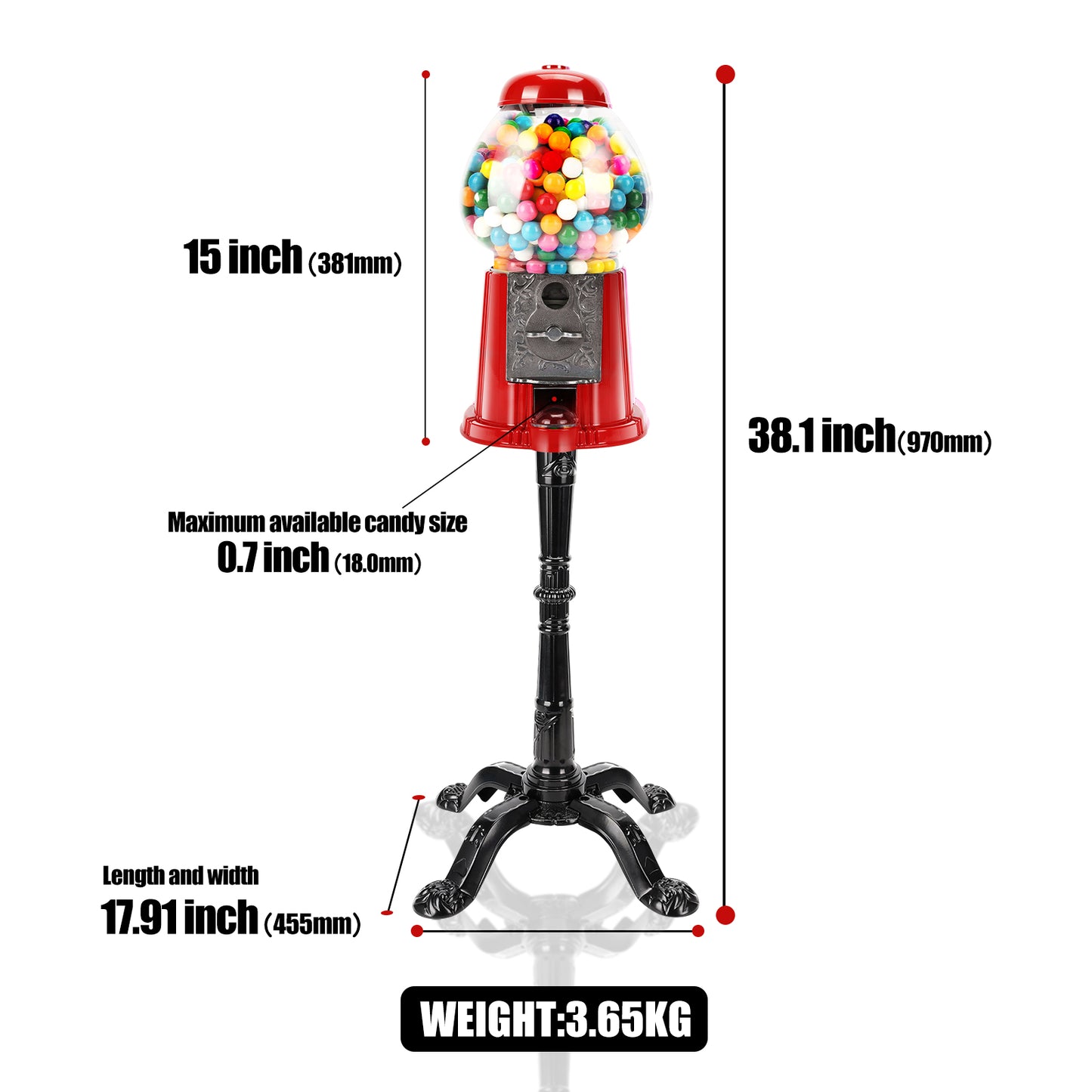 15-Inch Red Gumball Machine with Stand - Coin Operated Candy Dispenser