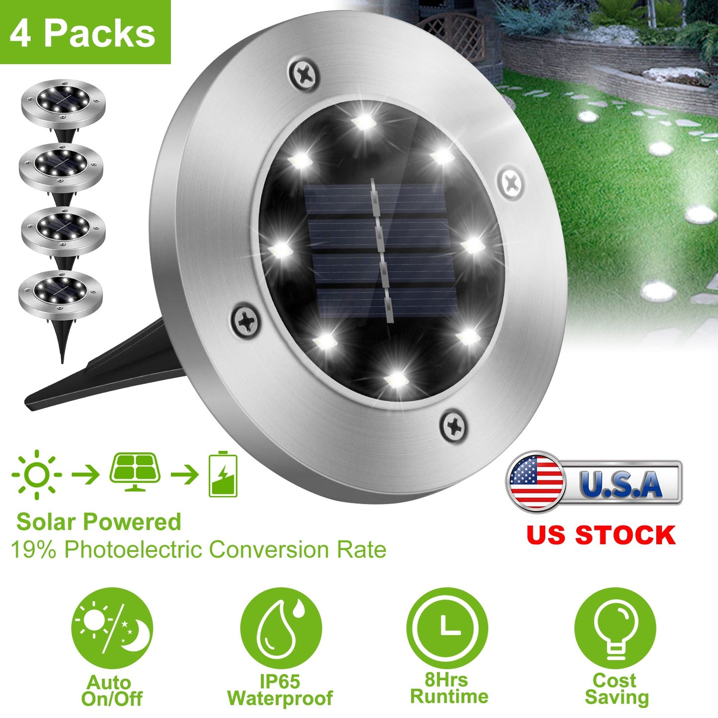 4-Pack Solar Ground Path Lights Waterproof Outdoor Lawn Driveway Lighting