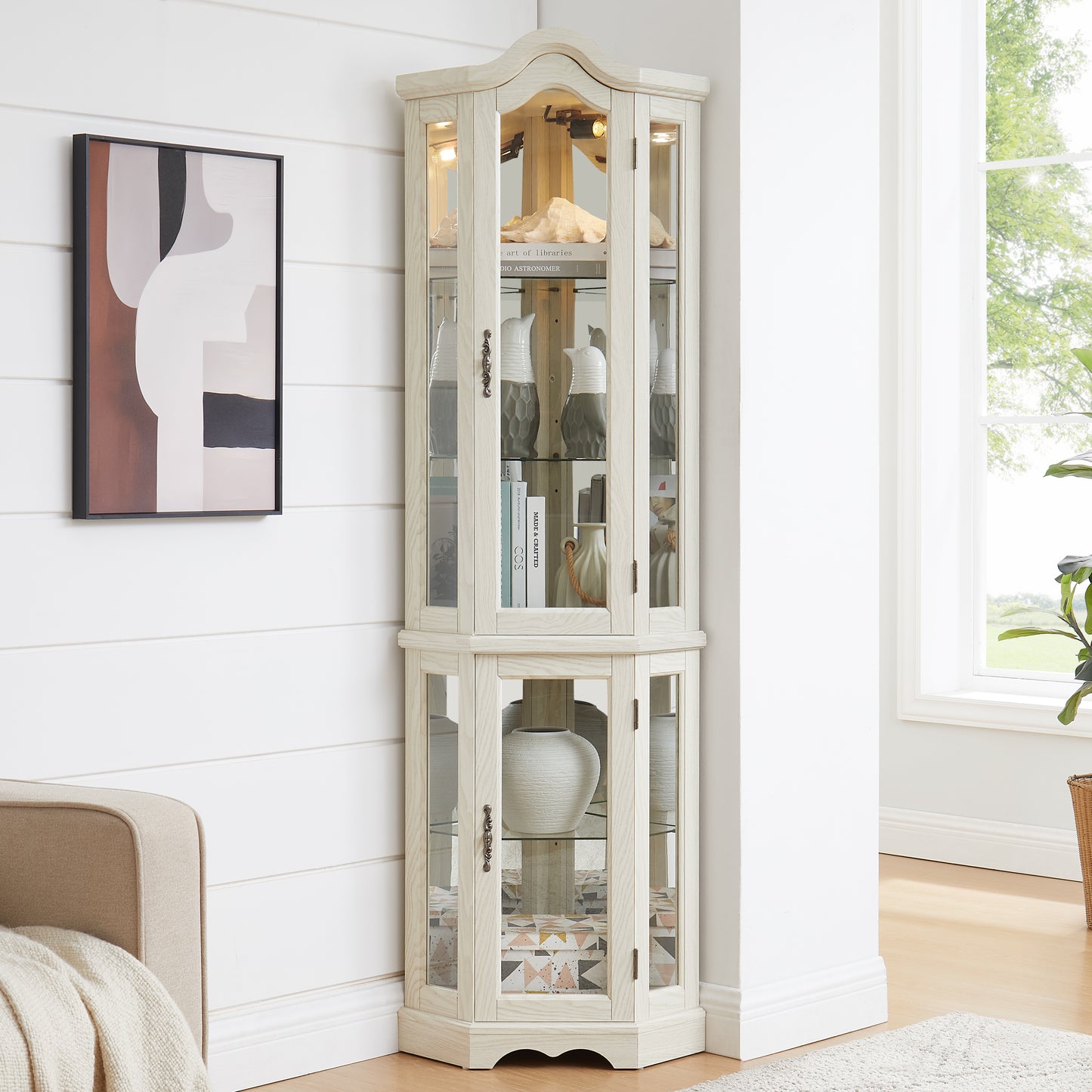 Curio Cabinet Lighted Glass Display W Tempered Doors And Shelves,