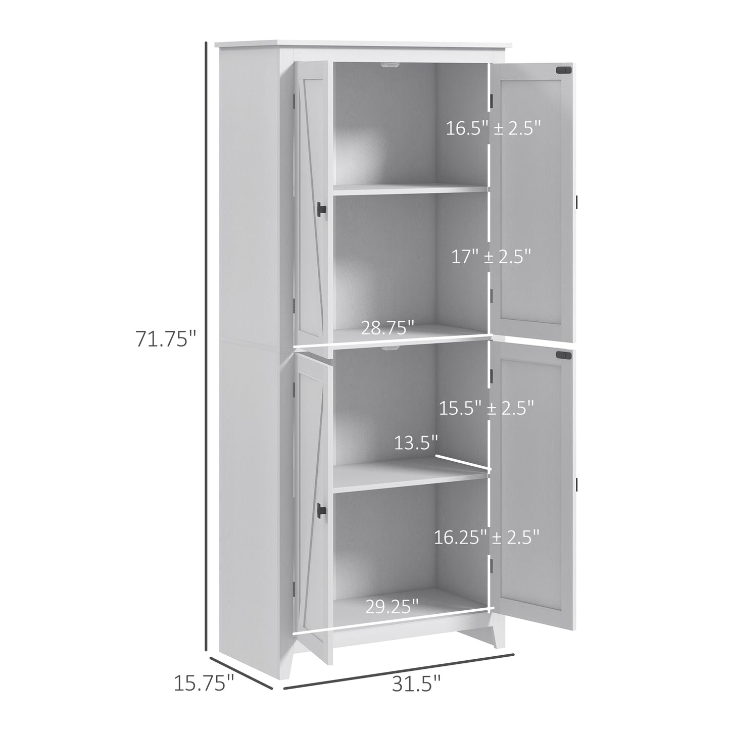 72" Tall Kitchen Pantry Cabinet - Farmhouse Storage with 4 Doors, White