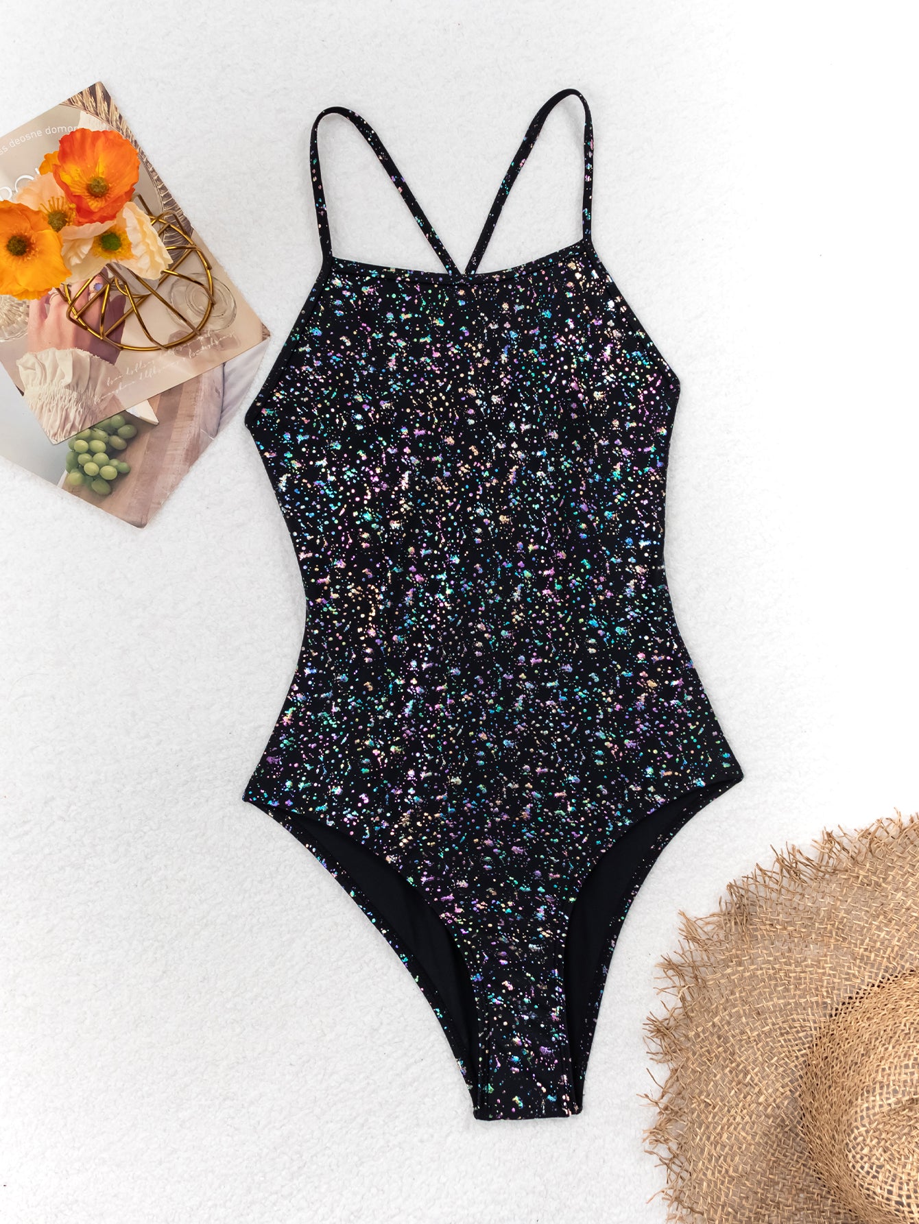 Black Holographic Sparkle One-Piece Swimsuit with Crisscross Back