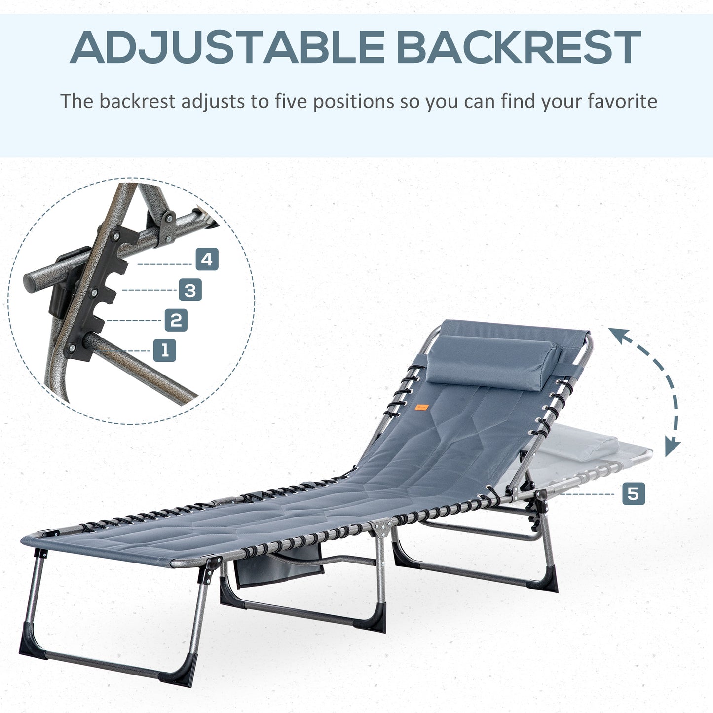 Padded Folding Chaise Lounge Chair - 6-Level Recline, Gray
