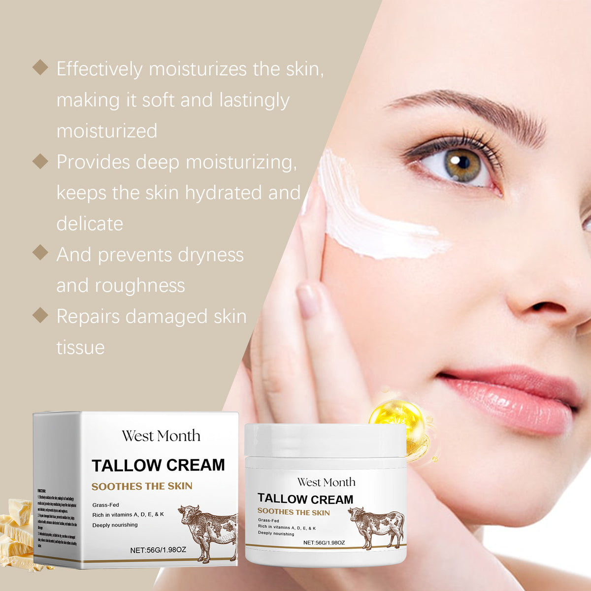 Moisturizing Facial Cream with Tallow & Vitamins - Brightening & Nourishing