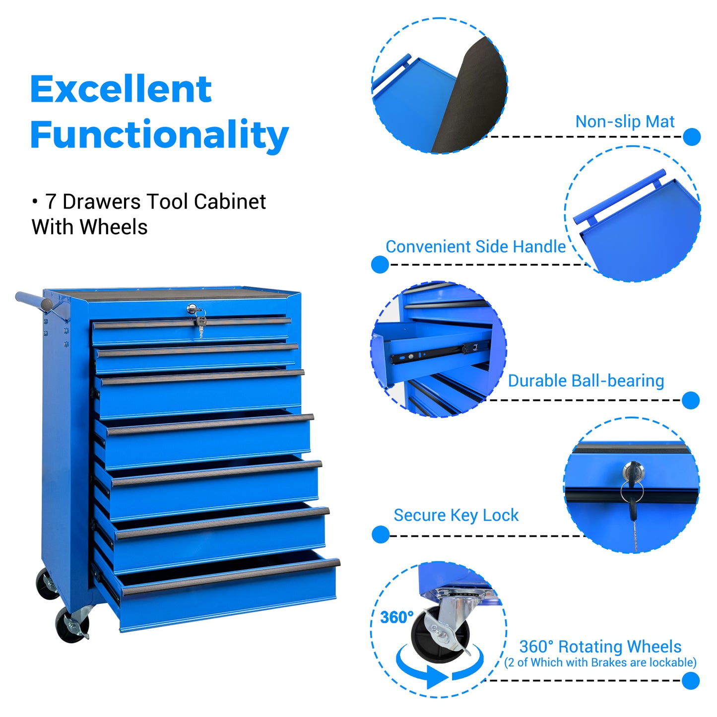 Blue 20-Inch 7-Drawer Metal Tool Chest with Ball Bearing Slides, Steel Storage Cabinet