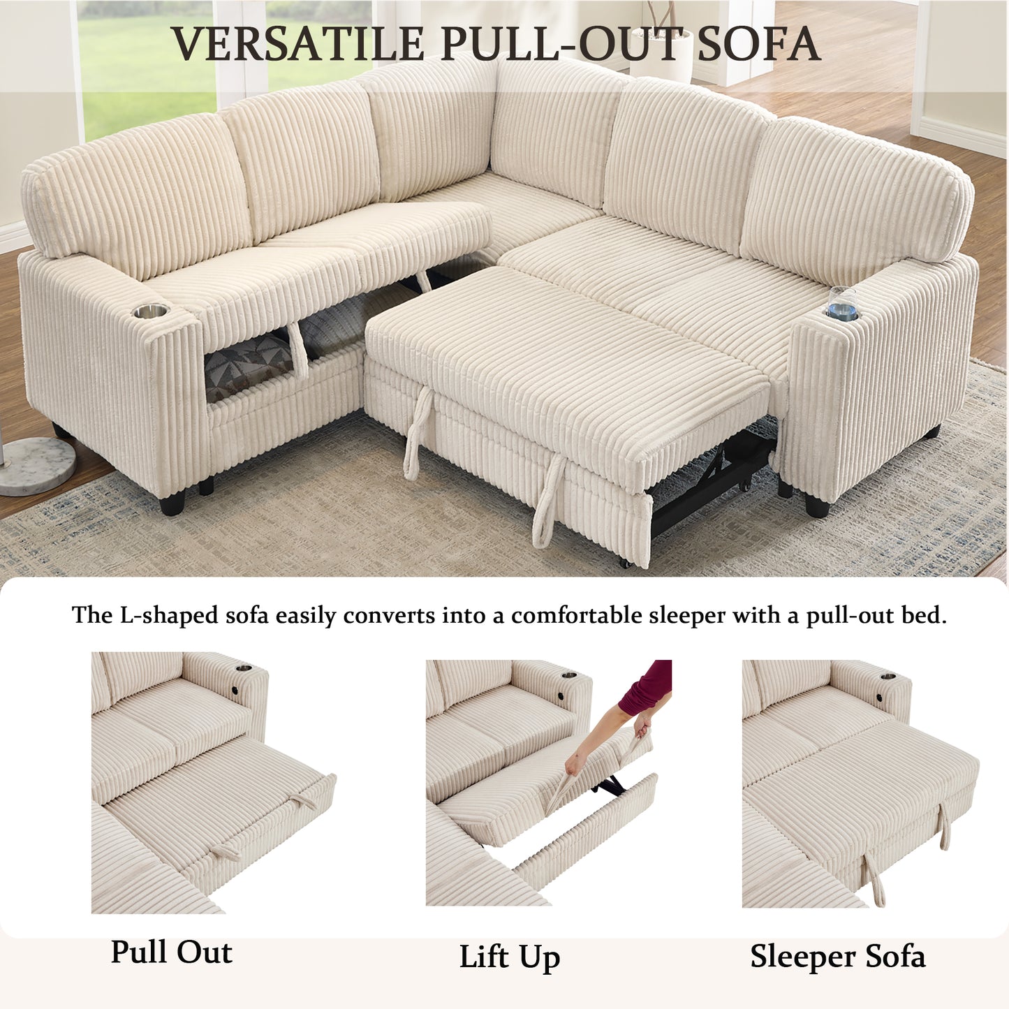 L-Shaped Sectional Sofa Bed with USB Charging & Storage - Beige