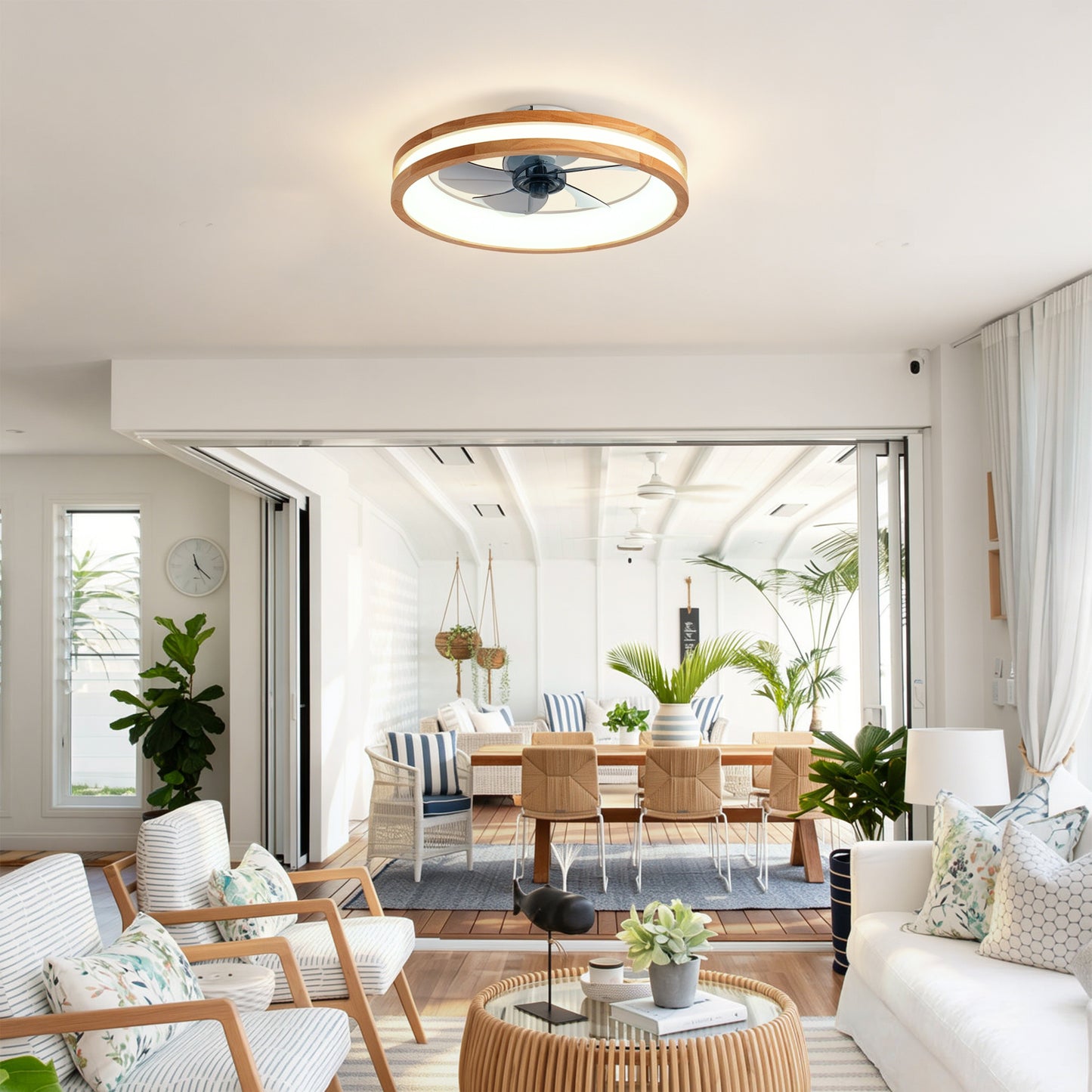 Modern Flush Mount Ceiling Fan with LED Light & Remote Control - Natural Wood White