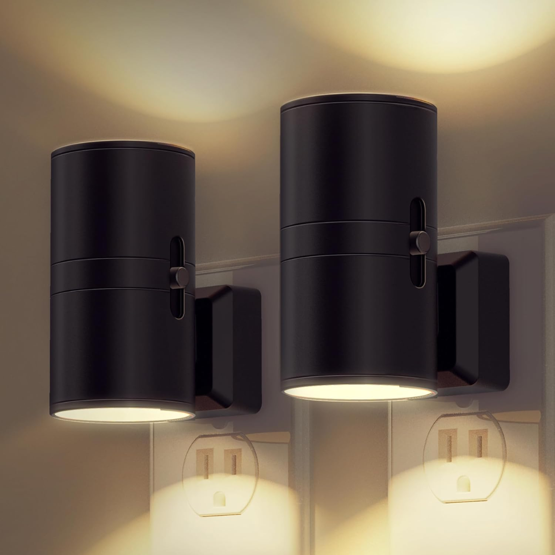 Dimmable LED Night Light Plug-In Wall Lamp with Light Sensor - Black