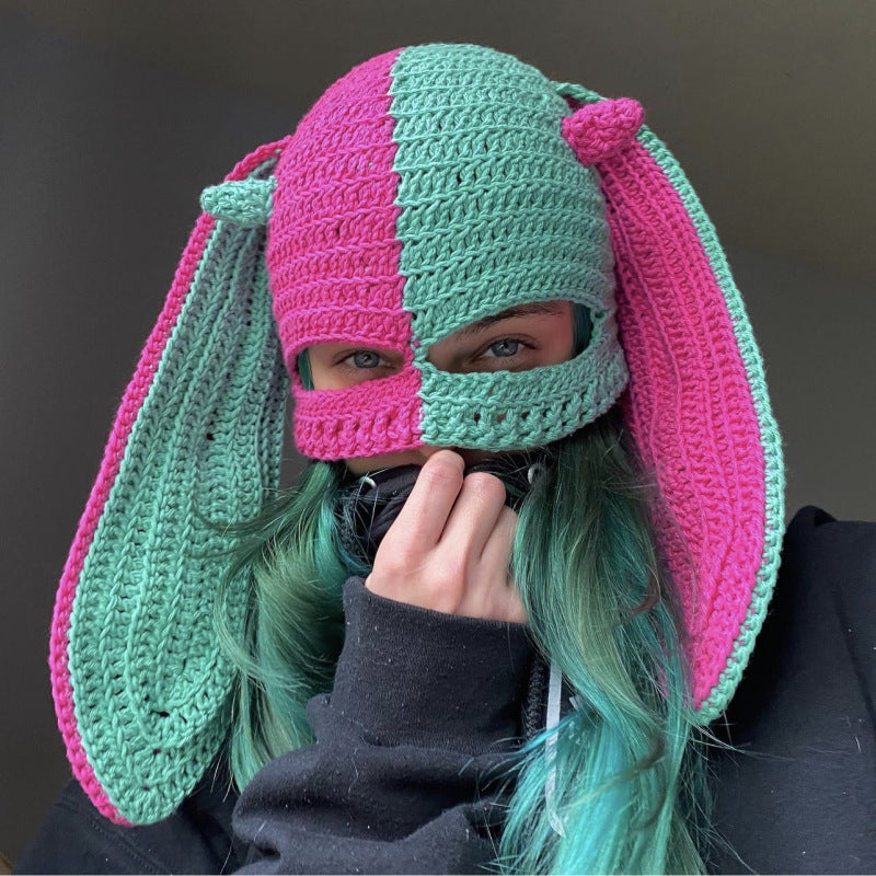 Knitted Rabbit Ear Mask Hat - Funny One-Eye Exposed Horn Thermal & Windproof