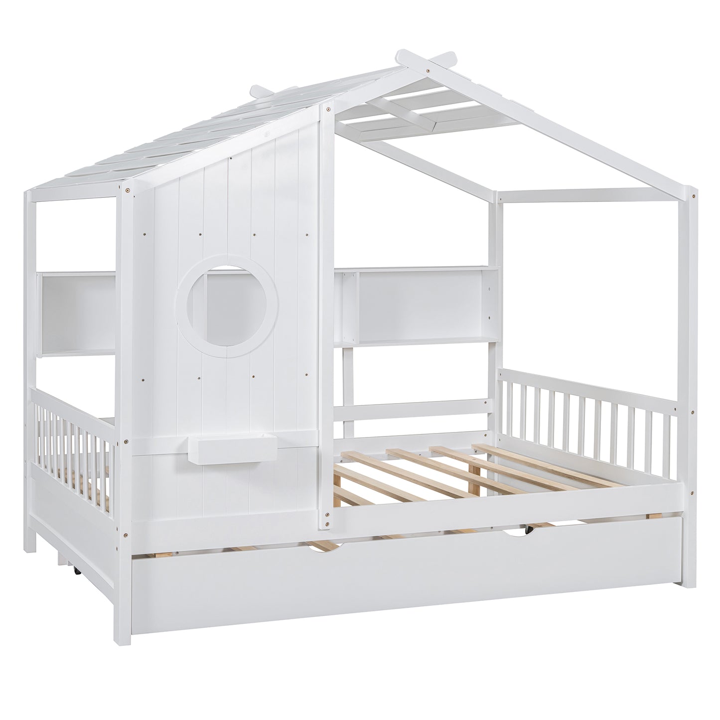Wooden Full Size House Bed With Trundle, Modern Design For Kids