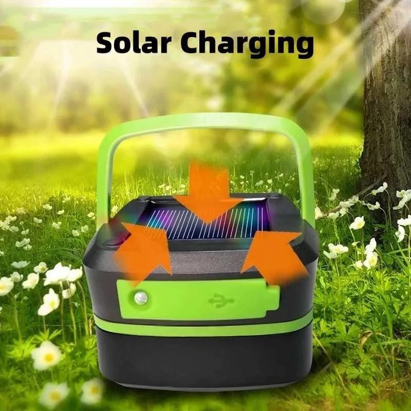 Rechargeable Solar Camping Lantern with Power Bank, Foldable Waterproof LED Light - Green
