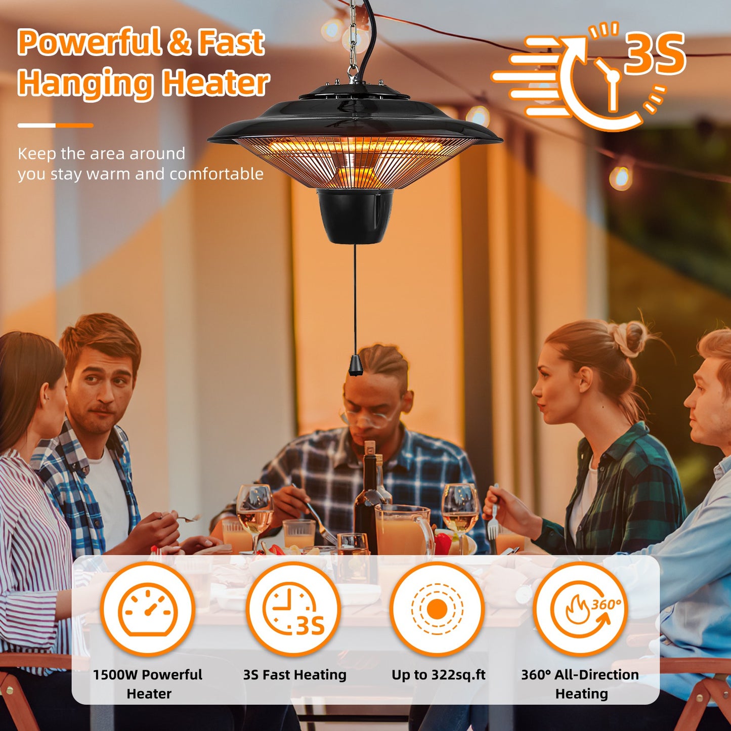 1500W Outdoor Hanging Patio Heater with Waterproof IP23 & Quiet Operation