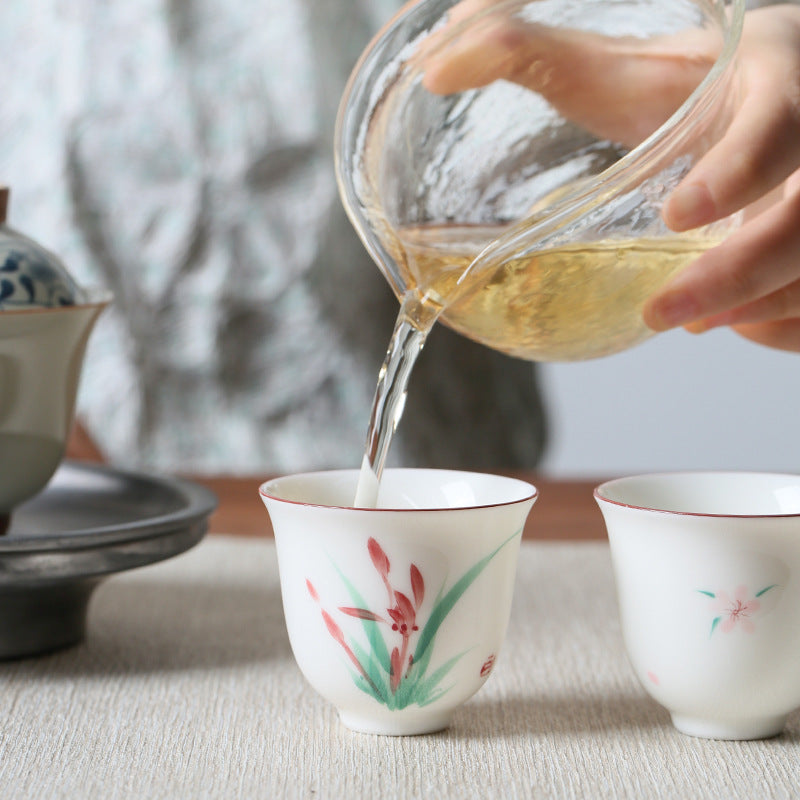 Hand Painted Ceramic Orchid Tea Cup - Chinese Style White Porcelain Drinkware