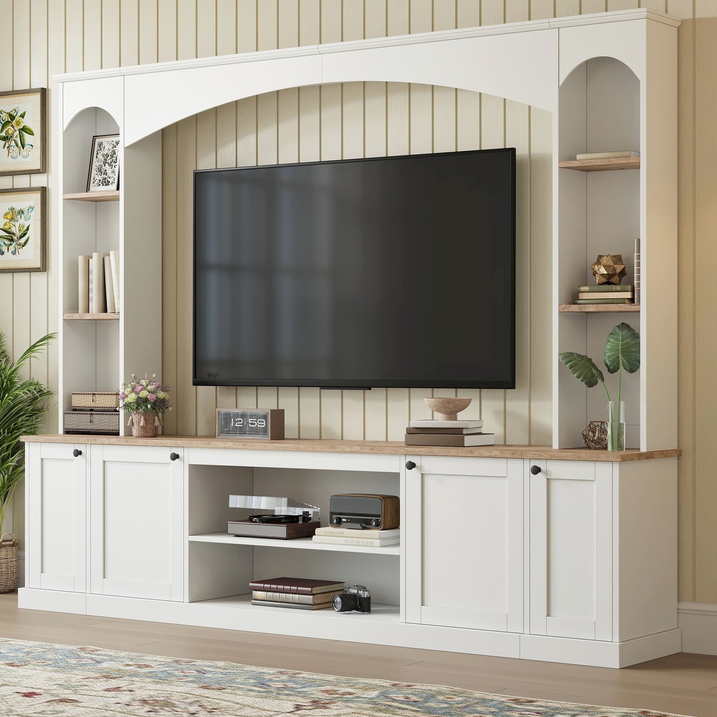 Elegant Arched TV Stand with Bookshelf - White Media Console for TVs Up to 70"