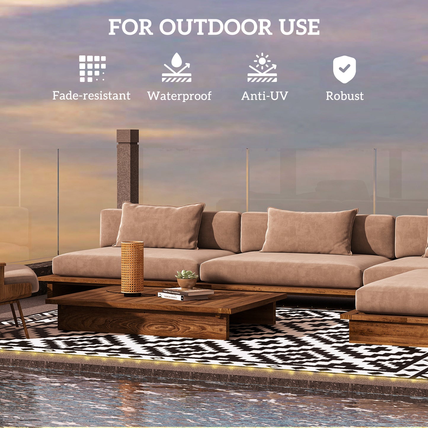 Reversible Outdoor Rug with LED Lights - Black & White 12x9