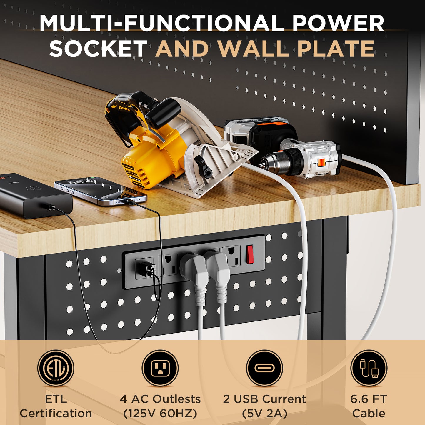 60-Inch Adjustable Height Workbench with Drawers & LED Light