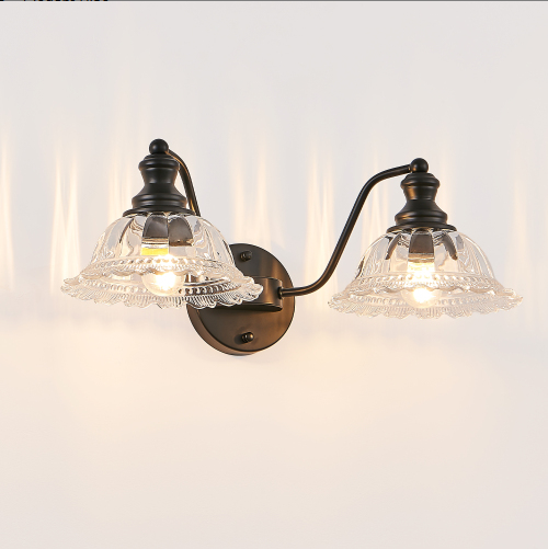 20 Inch 2-Light Vintage Bathroom Wall Sconce - Black Metal & Glass Vanity Light