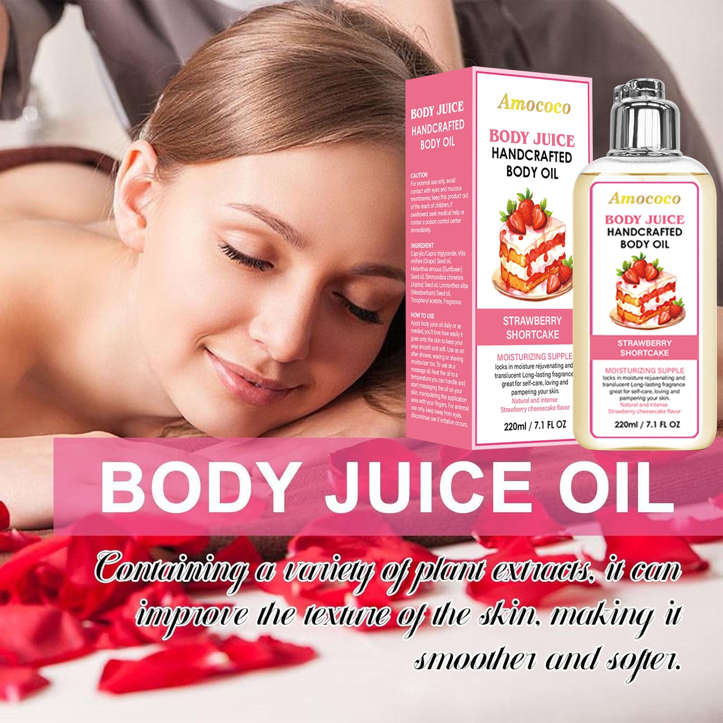 Strawberry Shortcake Body Oil - 220ml Moisturizing & Hydrating Massage Oil