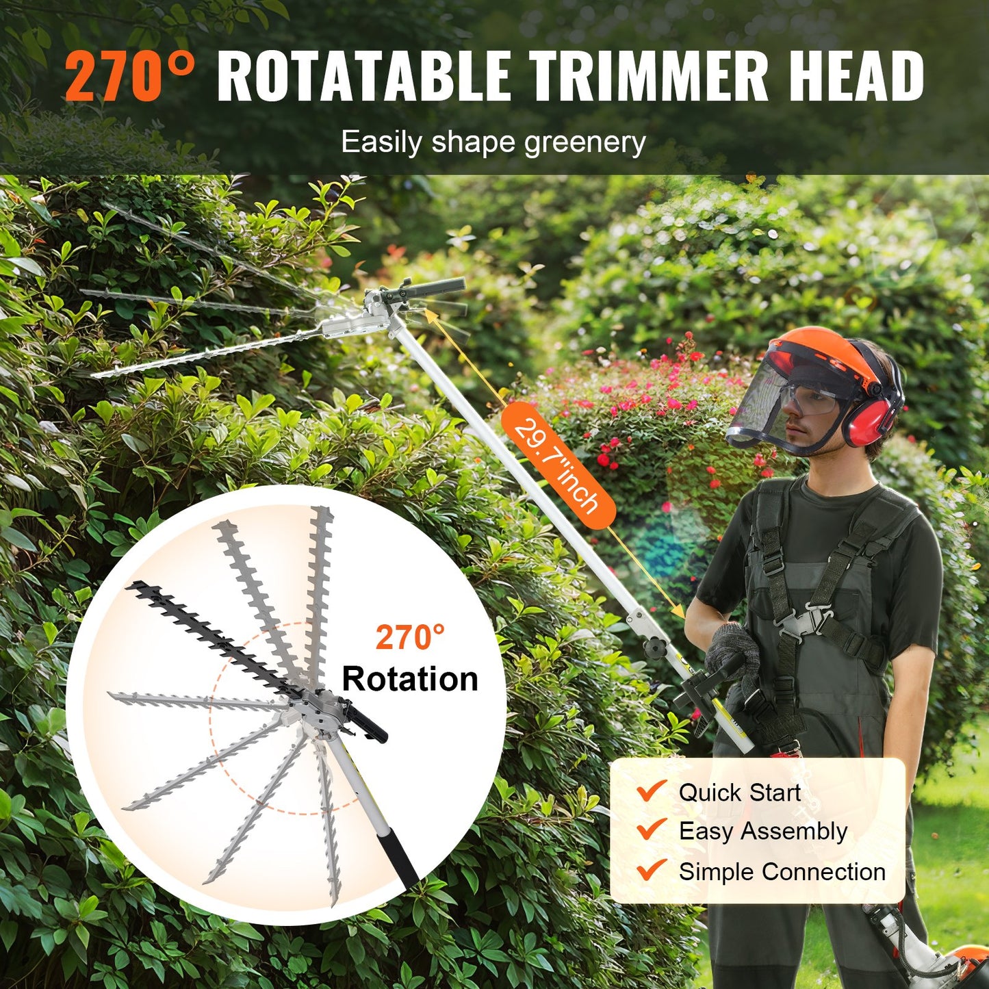 Gas Powered Pole Hedge Trimmer with Dual Sided Blades - 26CC 15.7-Inch
