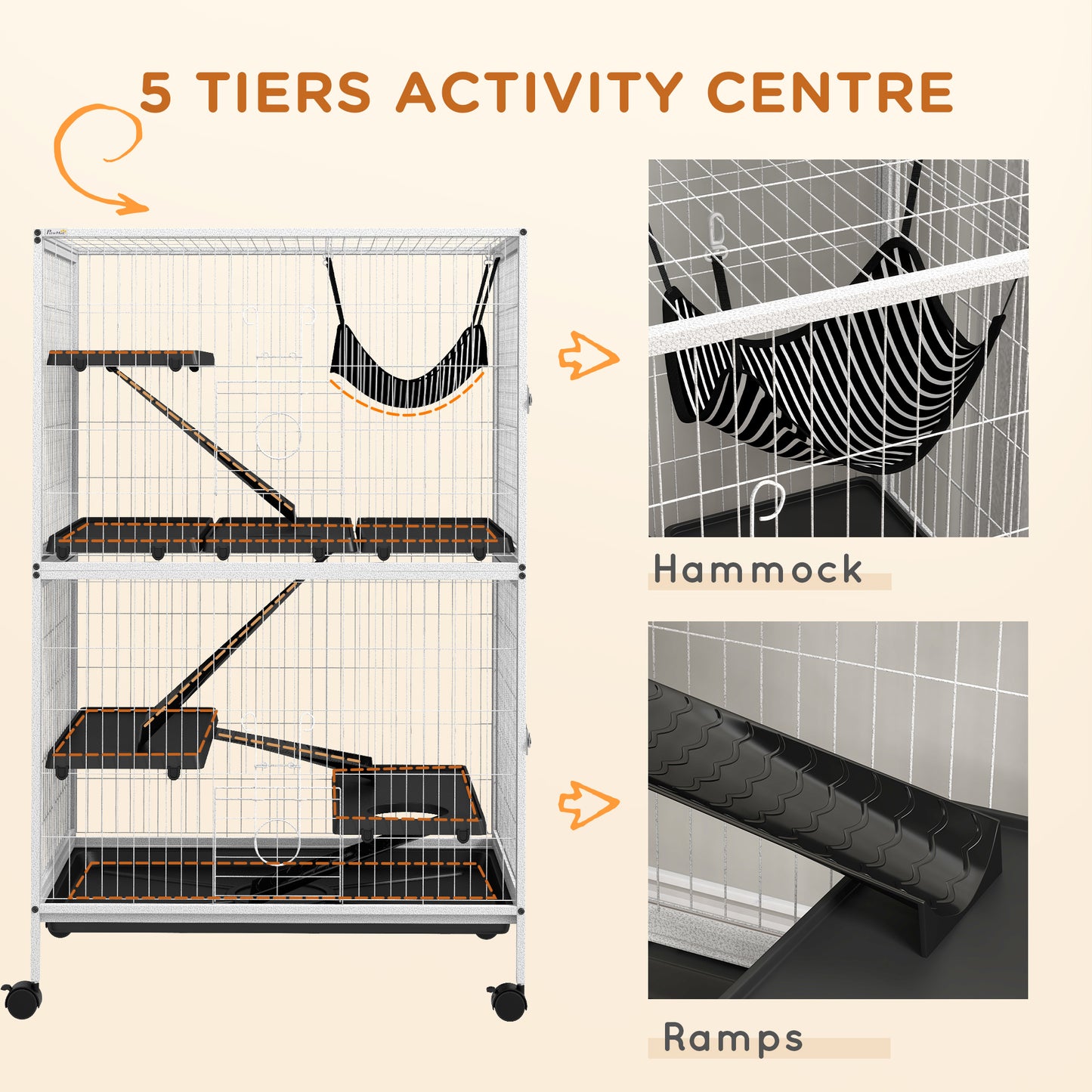 50-Inch Rolling Small Animal Cage with Hammock and Removable Tray for Ferrets, Chinchillas, and Small Pets