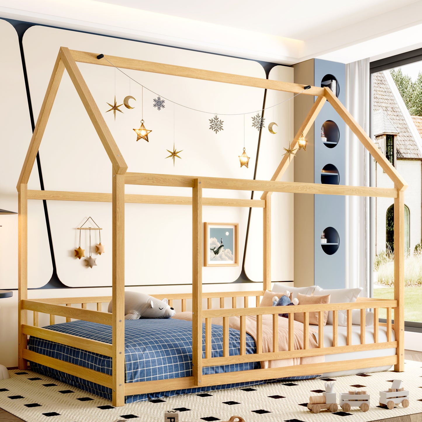 Full Size Wooden Bed with House Roof Frame & Guardrails - Natural